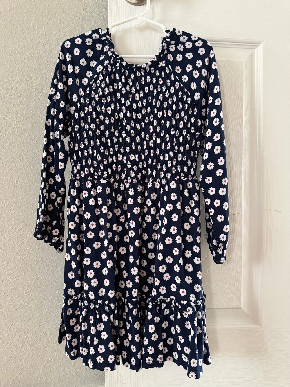 Girls Navy Floral Smocked Long-Sleeve Dress